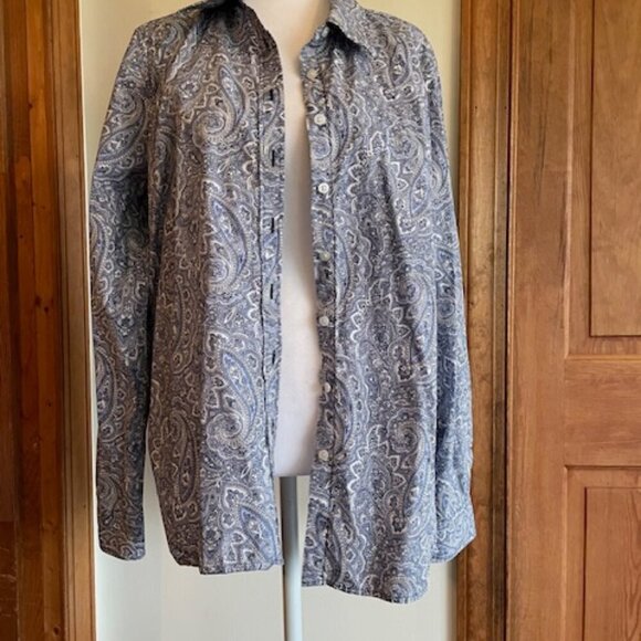 TALBOTS Blue Paisley Long Sleeve Button Front Cotton Shirt - Picture 6 of 15